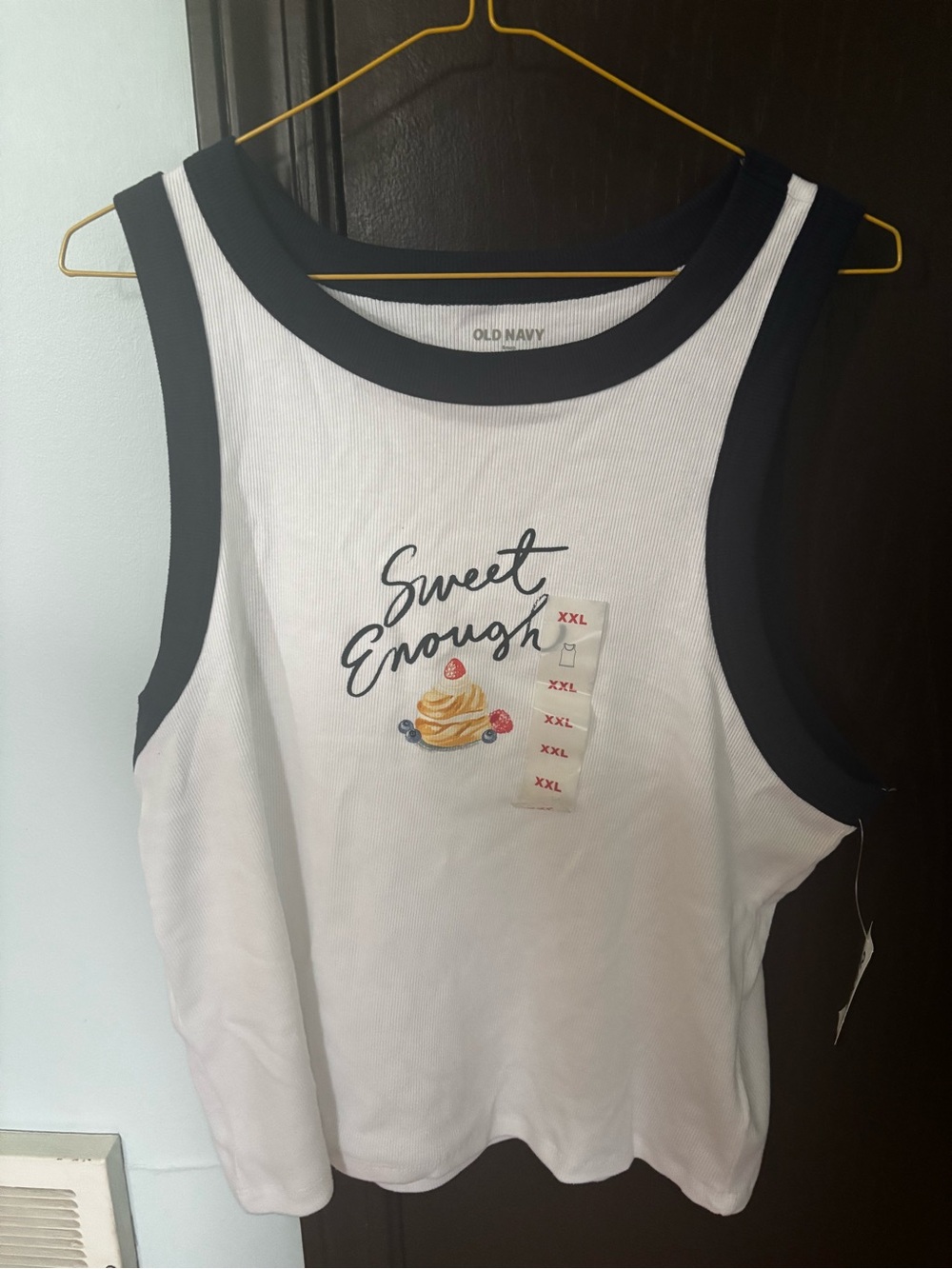 Old Navy White Tank with Black Trim and 'Sweet Enough' Dessert Graphic